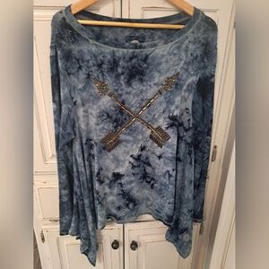 Double D Ranch Blue Tie-Dye Women's Top with Arrow Design Small Flowy Oversized